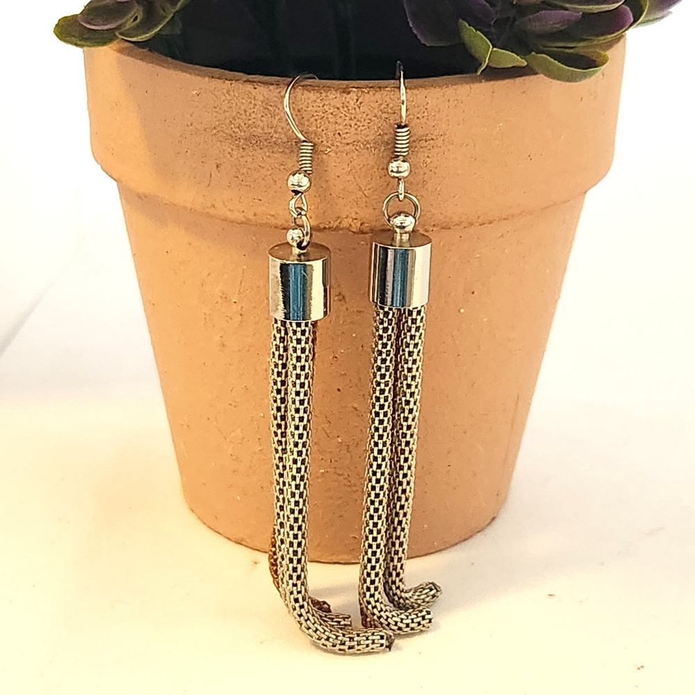 Mixed Metal Tri-Tone Mesh Tassel Drop Earrings Silver Gold Rose Gold 3.25"